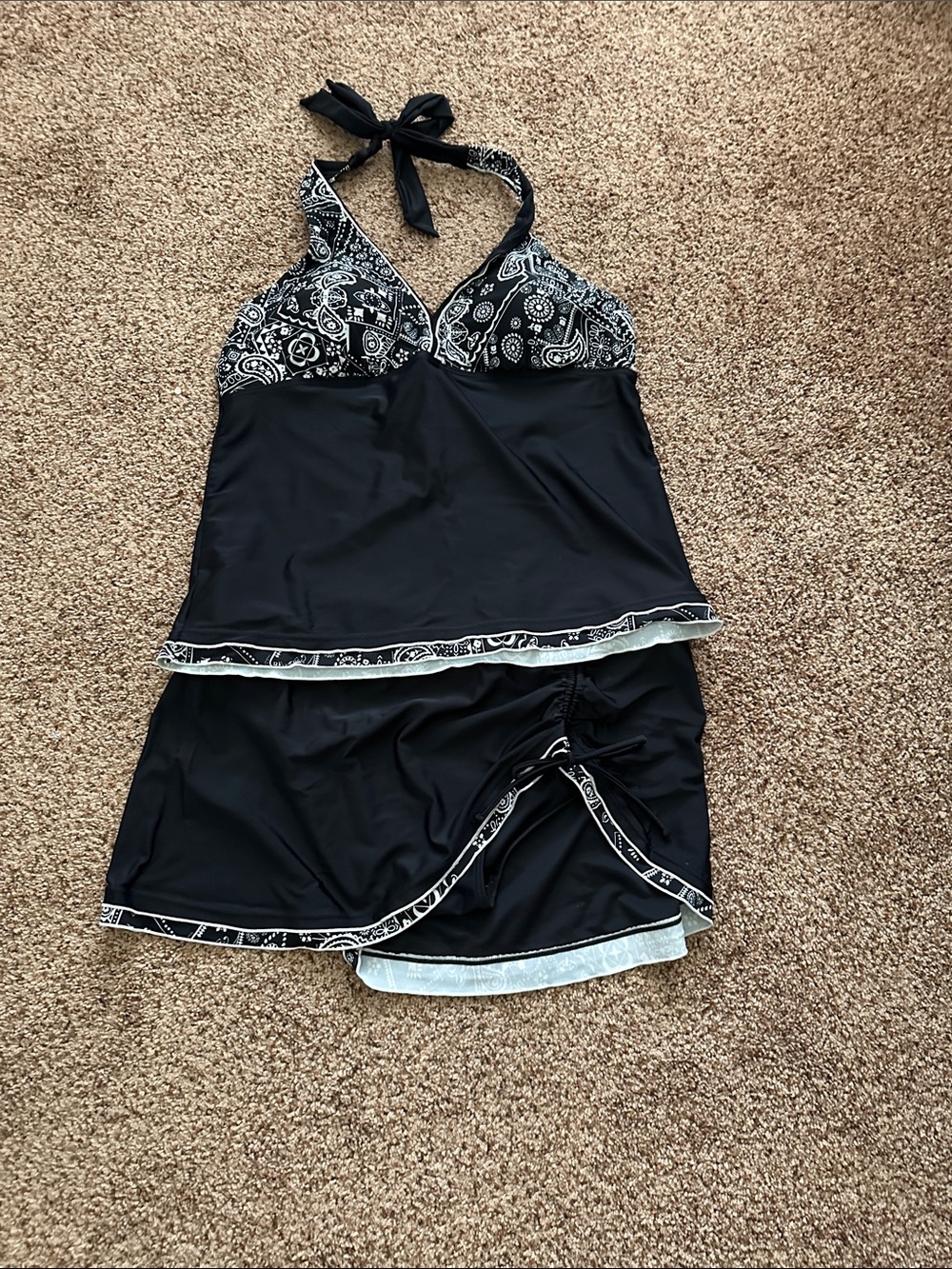 Black Paisley Halter Swim Pajama Tankini with Skirted Bottom